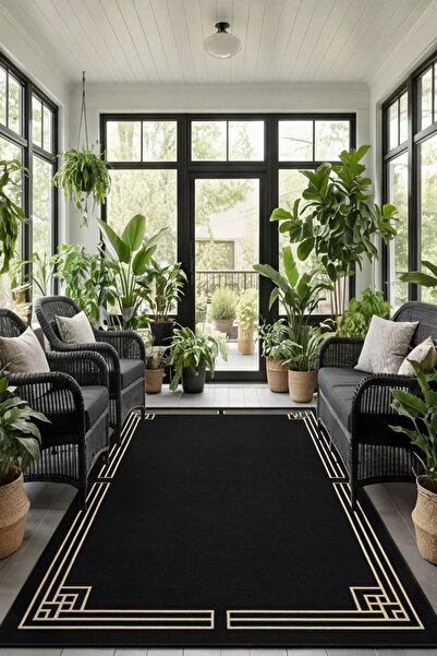 G&C HOME Siyah Çerçeve Desenli Kaymaz Taban Halı Modern Salon Koridor Antre M...