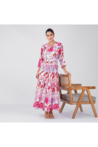 LINELLE White Royal Blue Tan Floral Maxi Dress