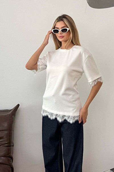 JEE LEE Women's Crew Neck Skirted Lace Detailed T-Shirt White - 26Y 26988