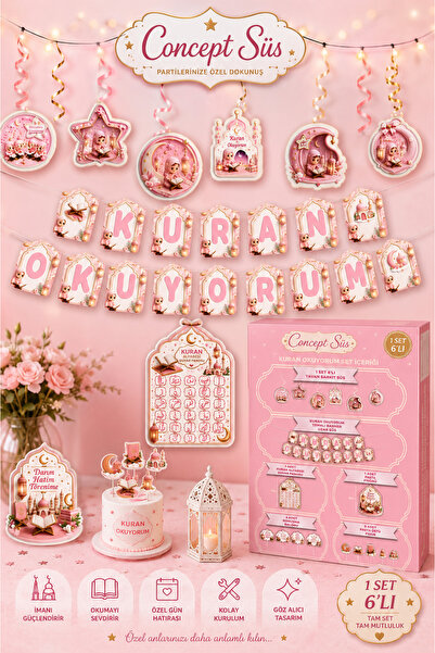 Dizayn Parti Evi Kuran Okuyorum Pembe Set | Banner, Tavan Sarkıt, Pasta Süsü,...
