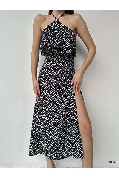 Modafeminen Desen1 Halter Neck Patterned Slit Dress 582401