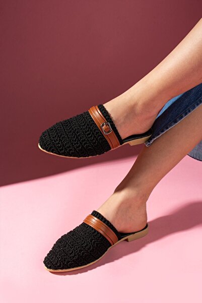 Trend Marfa Armor Knitted Knitwear Tan Belt Detailed Slippers