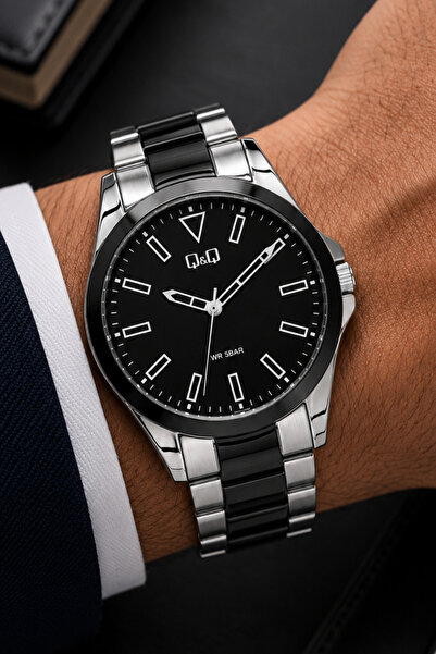Q&Q Men's Silver Black Metal Cord Black Dial 5 Bar Wristwatch 2 Year Warranty