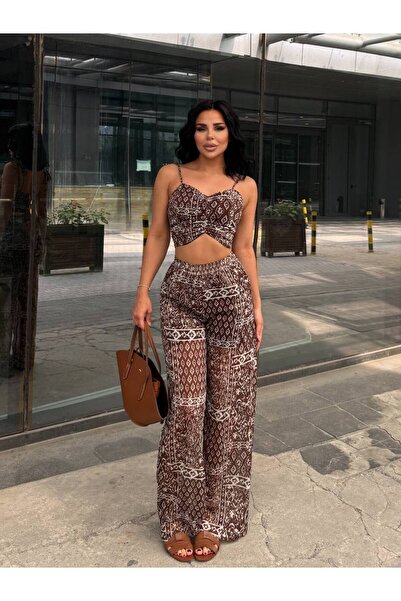 HARMONY GLOBAL Kadın Kahverengi Etnik Desenli Askılı Crop Büstiyer Şifon Şort Astarlı Bol Paça Pantolon Takım 8086
