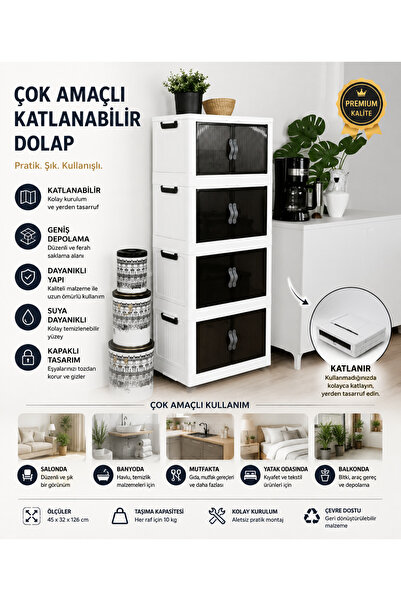 Single 4'Lü Portatif İstiflenebilir Organizer Kapaklı Dolap Mutfak Banyo Dolabı