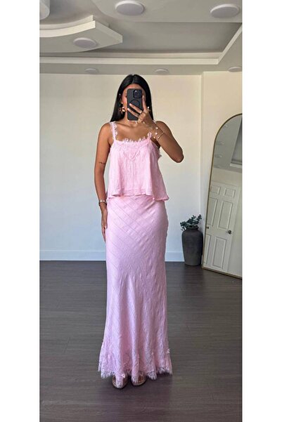 MAESTRO WOMAN Women's Pink Lace Detailed Strappy Flowy Blouse Pencil Skirt Set