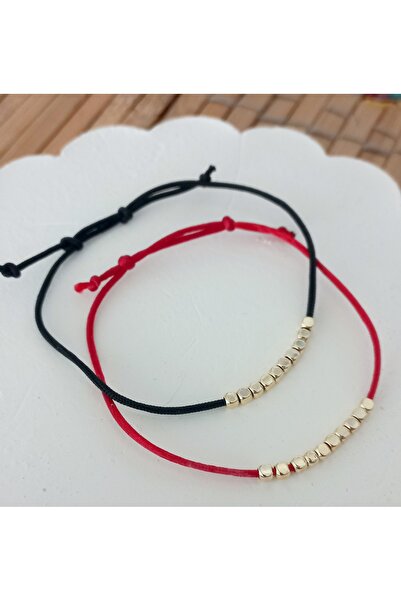 BNG AKSESUAR Adjustable Red & Black Double String Bracelet with Gold Cube Det...