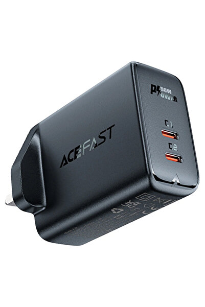 Acefast A32 GaN PD50W Wall Charger with Dual USB-C Ports – UK Plug Black Color