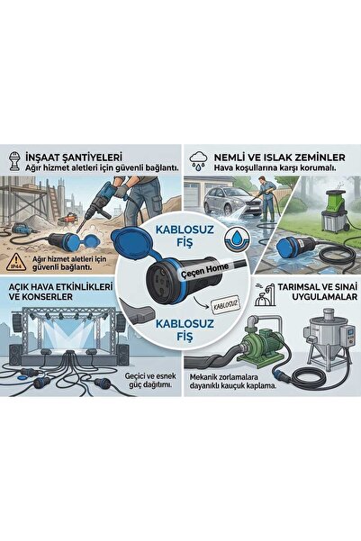 ÇEÇEN HOME Seyyar Kablosuz Priz Fiş Kauçuk Kapaklı Dişi Soket 16A Monofaze Şa...