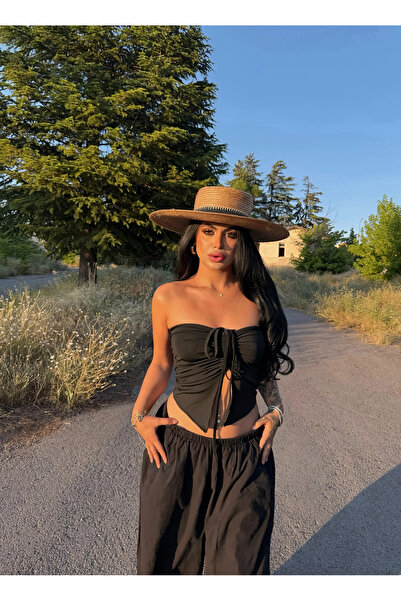 kırmızı butiks Black Front Gathered Butterfly Crop Top