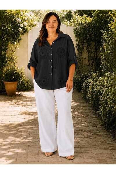 Butik Şans Women's Daisy Embroidered Oversize Italian Shirt