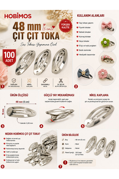 Hobimos 100 Adet 48 mm (5cm) Oval Çıt Çıt Toka - Metal Saç Tokası