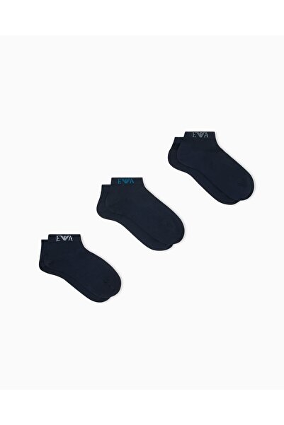 Emporio Armani Men's Ankle-Length Flexible Cotton Socks with Logo Detail, Tri...