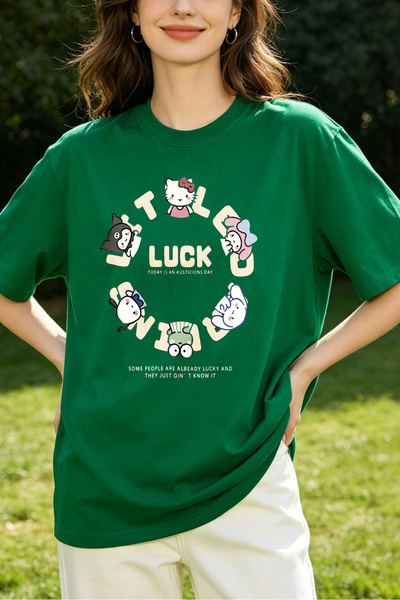Fleck Womens T Shirts Hello Kitty Lucky Day Cartoon Print Casual Loose Fit Sh...