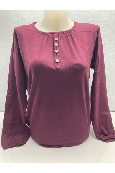 LÜKS MİRAYDA Half-Button Plum Maternity Cotton with Elastic Sleeves