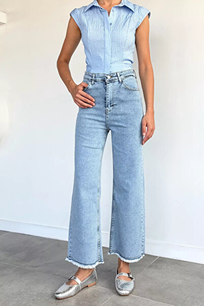 Aryena Ice Blue Women's High Waist Lycra Tassel-Legged Jean Jeans