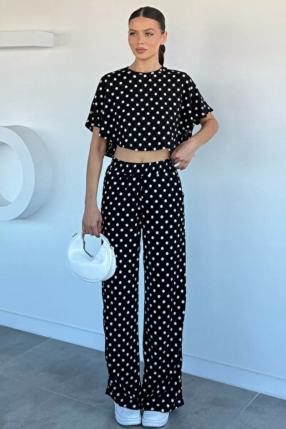 Aryena Black Women's Polka Dot Lycra Palazzo Pants with Elastic Waist
