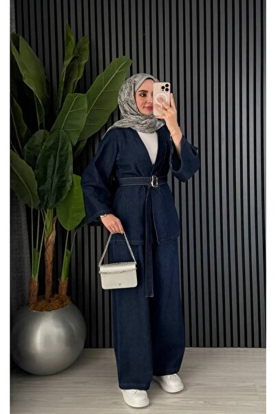 ginger love Women's Dark Blue Denim Kimono Jacket and Wide Leg Pants with Bel...