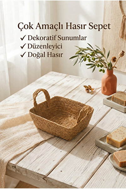 Mions Natura Doğal Dikdörtgen Hasır Organizer Ekmek Sepeti (22x18x8 cm)