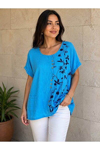 AGORATEKSTİL Women's Button Detailed Short Sleeve Cotton Blouse 42-46