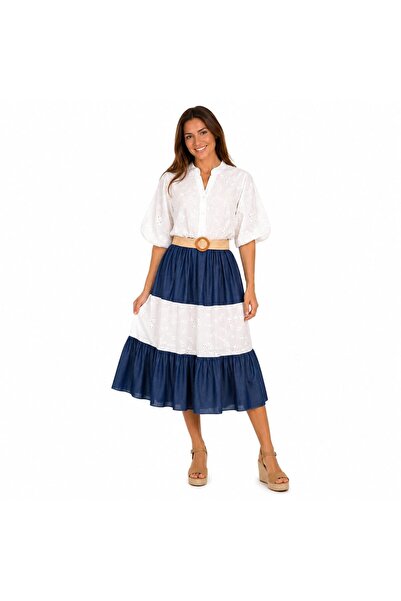 I-WH FASHION Γυναικείο λευκό και μπλε μίντι φόρεμα με αγγλικό κέντημα
