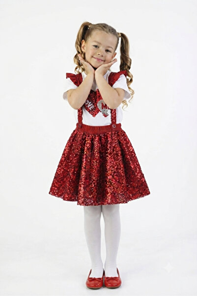 NATS KİDS Girl's Red Sequin Strap Skirt Set with Heart Sequin Embroidered Whi...