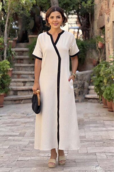 Nevin Kaya Moda Black Piping Linen Dress