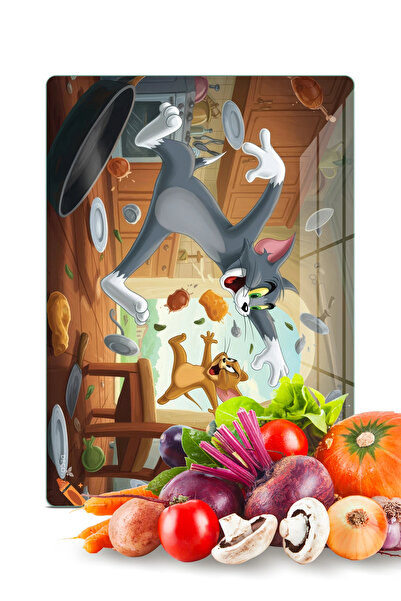 Decovetro Tom ve Jerry Mutfakta Desenli Cam Kesme Tahtası ve Sunumluk 25 x 35 cm
