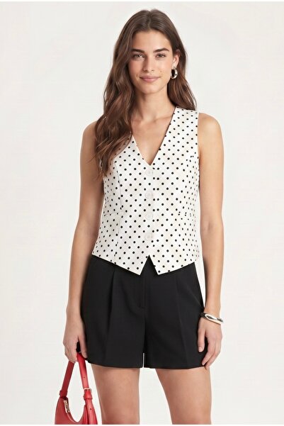 Ritnice Women's Style Lined Black and White Polka Dot Woven Vest