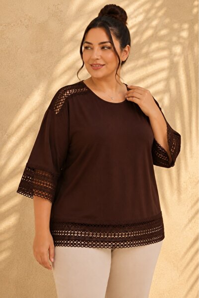 FOR ESRA BIG TREND Women's Plus Size Lace Detailed Low Sleeve Side Slit Stret...