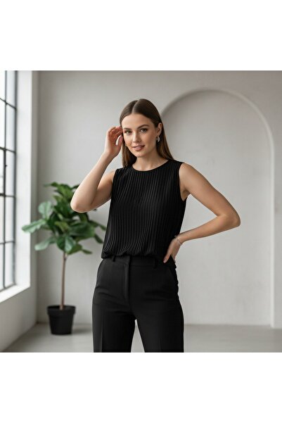 OEM Bluză de damă plisată, fără mâneci, croială elegantă, decolteu rotund, A-13