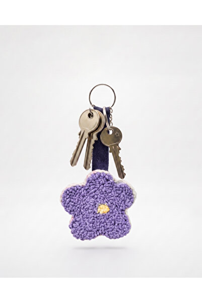 Taşhan Çarşı El Yapımı Punch Nakışı Mor Çiçek Anahtarlık - 7x7 cm Sevimli Çan...