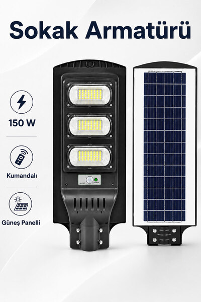 Badem10 Solar LED Sokak Armatürü 150W Güneş Panelli Kumandalı Dış Mekan Bahçe...