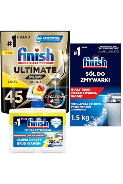 Finish Set Ultimate Plus, 45 capsule cu lămâie, Detergent lichid 250 ml, Sare...