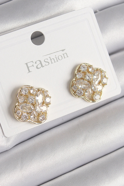 ARMÜZ Brass Gold Color Zircon Stone Clover Model Women's Earrings