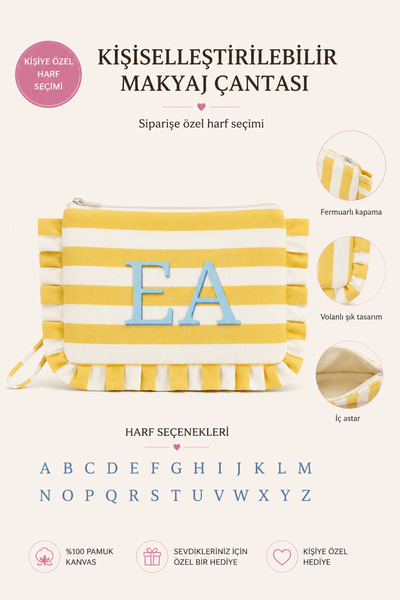 Beige & Stone Kişiye Özel Harf Detaylı Sarı Çizgili 17x29 cm Volanlı Clutch &...