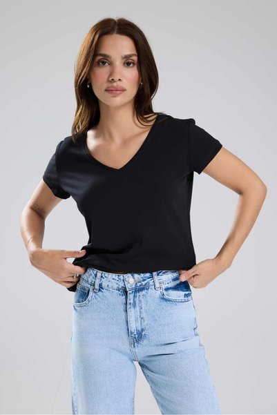 tw3 Kadın V Yaka Örme Kumaş Basic T-Shirt