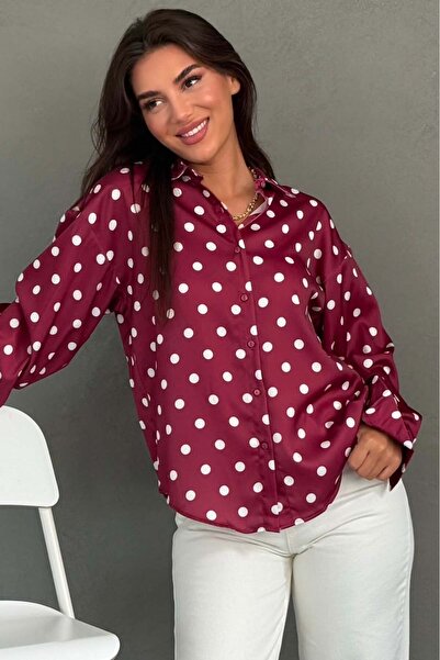 Madmext Burgundy Polka Dot Satin Women's Shirt Mg2869