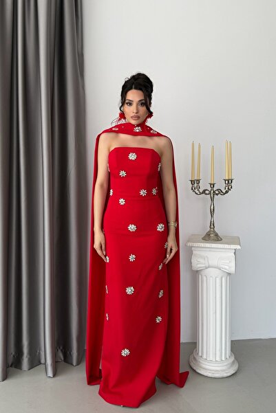 Serica Moda Rochie lungă de seară, roșie, fără bretele, cu broderie florală ș...