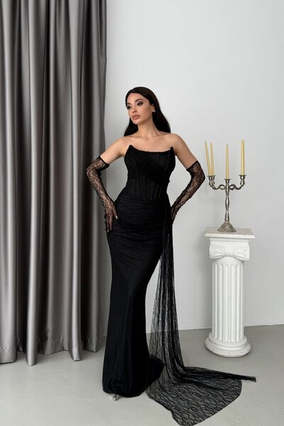 Serica Moda Siyah Straplez Dantel Eldivenli Drapeli Bordo Uzun Abiye Elbise