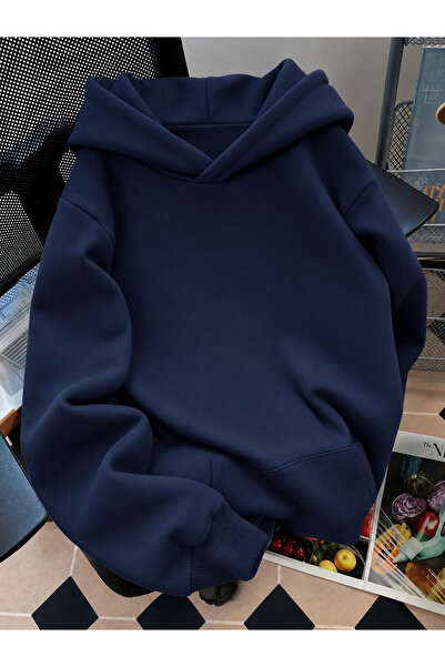 MOONBULL Kadın Sırtı Kanat Taş Baskılı 3 İplik Şardonlu Kumaş Kapüşonlu Oversize Sweatshirt