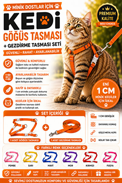 Petshop Kedi Göğüs Tasması ve Gezdirme Tasması Seti 1 CM Ayarlanabilir – 1 Ad...