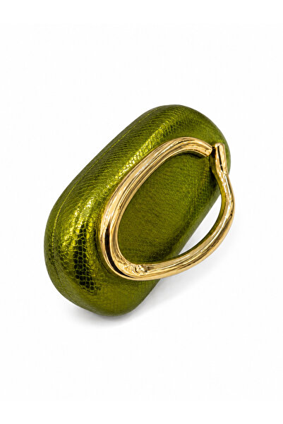 Mirel çanta OVAL FORMLU GOLD AKSESUARLI CLUTCH DESENLİ YEŞİL ÇANTA