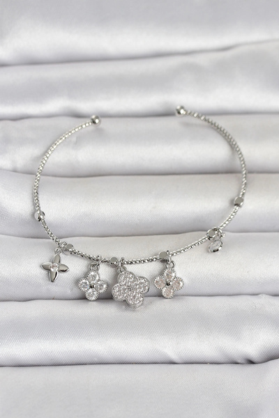 ARMÜZ Silver Color Brass Clover Detailed Charm Women's Bracelet