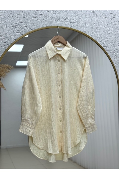 MİHRA STORE Çiğdem Striped Linen Mixed Oversized Women's Shirt-Zn1174 Yellow
