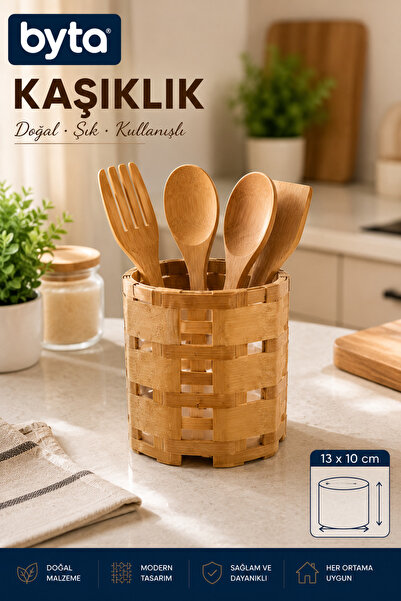 BYTA Bamboo Spoon Holder 13X10 cm Kitchen Countertop Spoon and Fork Organizer