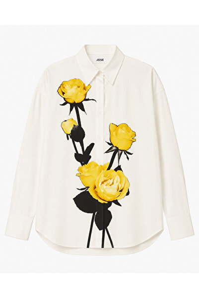 Jose Clothing White Hand-Painted Floral Pattern Oversize Long Sleeve Shirt