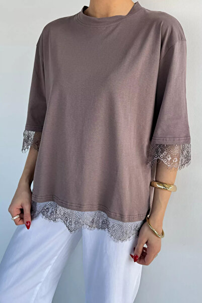 Aryena Mink Gülseli Women's Crew Neck T-Shirt with Lace Detail