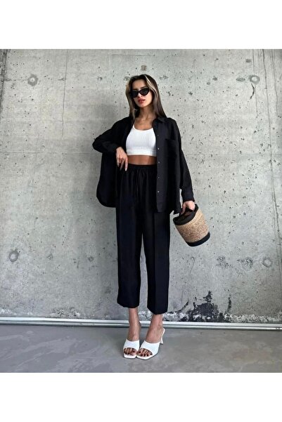 ginger love Women's Sofia Linen Oversize Shirt and Elastic Waist Pants Two-Pi...