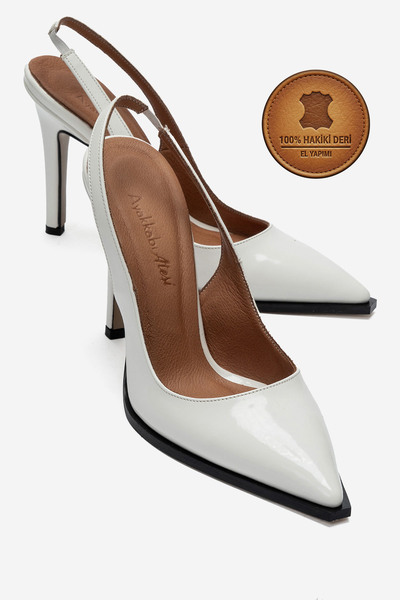 Ayakkabı Ateşi Genuine Leather White Patent Leather Pointed Toe Flat Sole Sti...